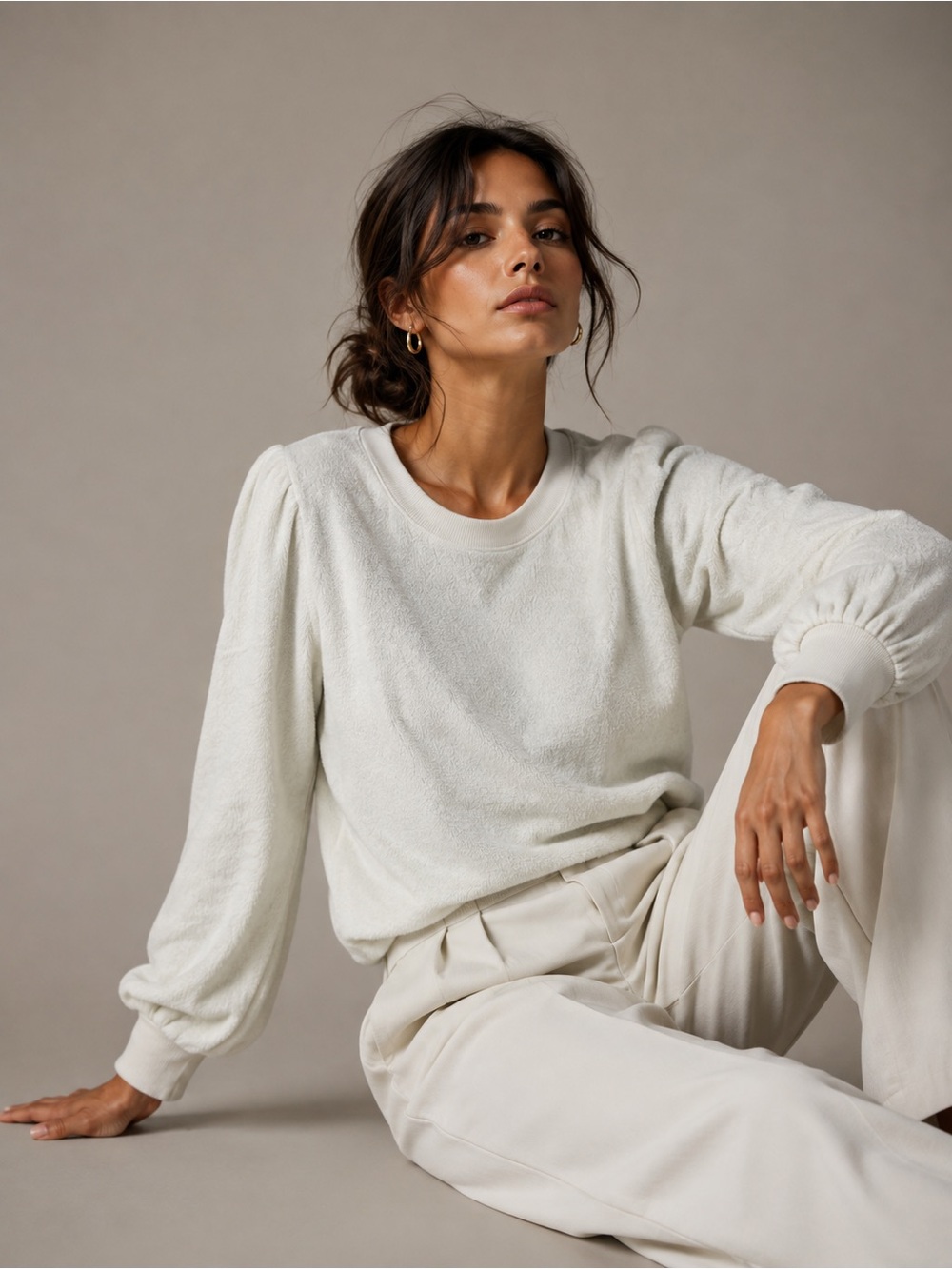 LA Made Ivory Inside Out Fleece Puff Balloon Sleeve Sweatshirt S M L